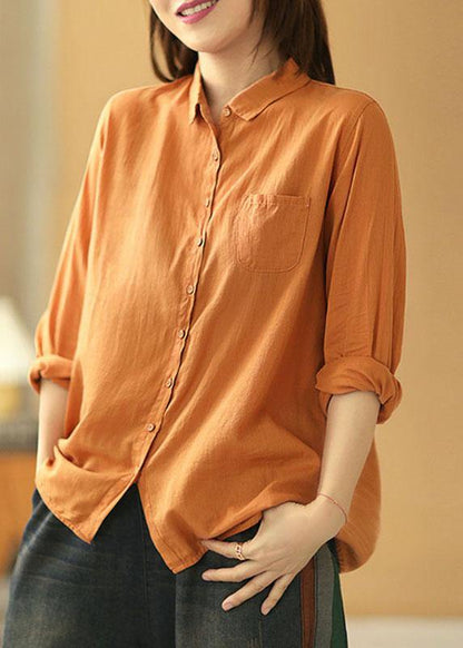 Casual Orange PeterPan Collar Button Pockets Fall Long Sleeve Blouse Top