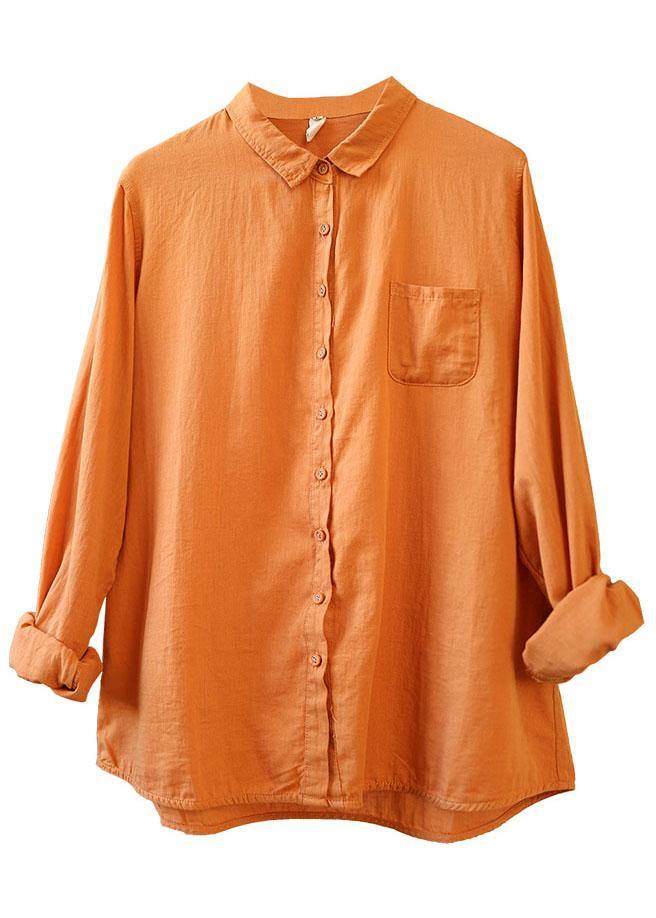Casual Orange PeterPan Collar Button Pockets Fall Long Sleeve Blouse Top