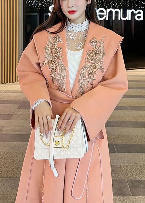 Orange Pink Embroideried Decorated Tie Waist Woolen Coats Fall