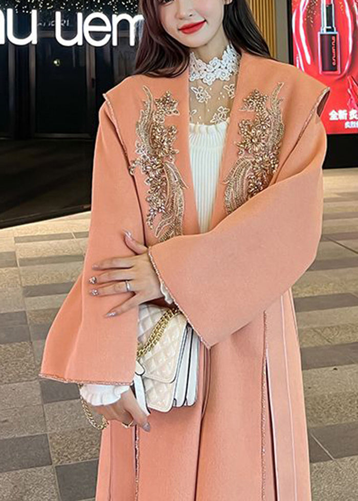 Orange Pink Embroideried Decorated Tie Waist Woolen Coats Fall
