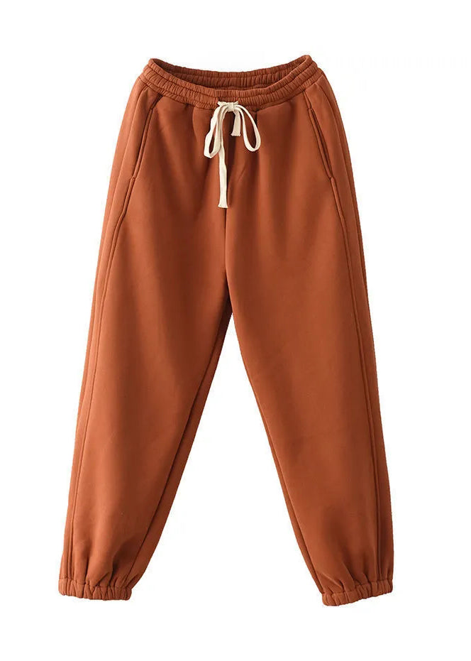 Orange Pockets Elastic Waist Warm Fleece Pants Spring