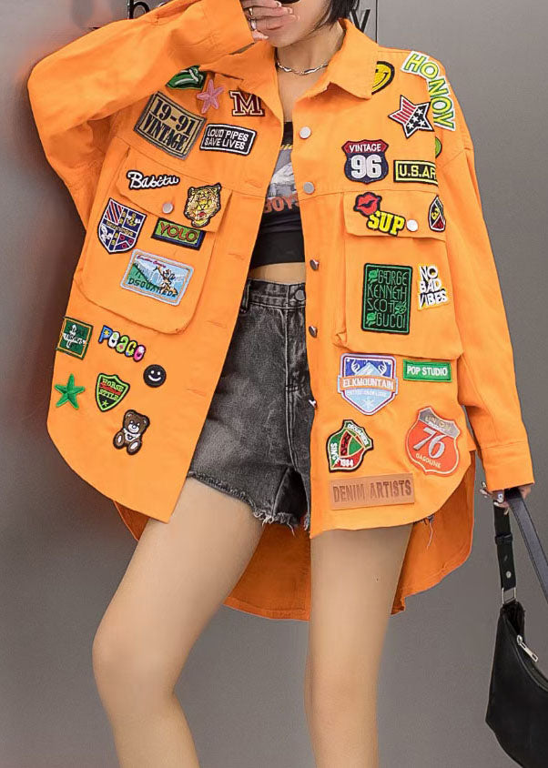 Orange Pockets Graphic Patchwork Denim Coat Spring