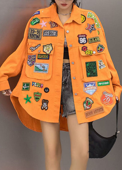 Orange Pockets Graphic Patchwork Denim Coat Spring