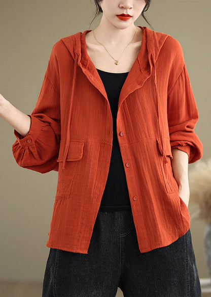 Orange Pockets Linen Hoodies Outwear Spring