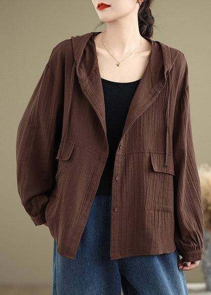 Orange Pockets Linen Hoodies Outwear Spring