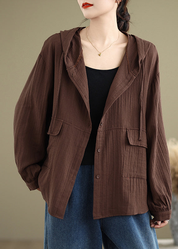 Orange Pockets Linen Hoodies Outwear Spring