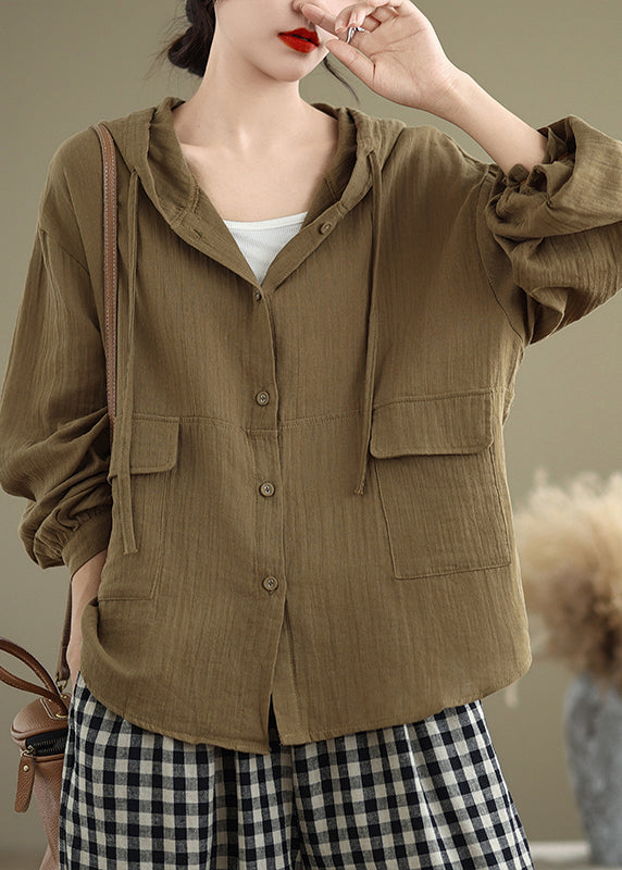 Orange Pockets Linen Hoodies Outwear Spring