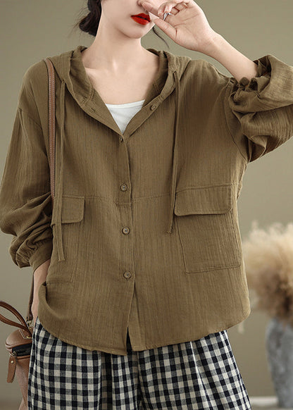 Orange Pockets Linen Hoodies Outwear Spring
