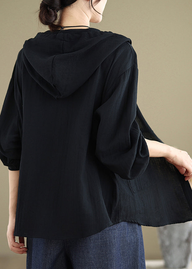 Orange Pockets Linen Hoodies Outwear Spring