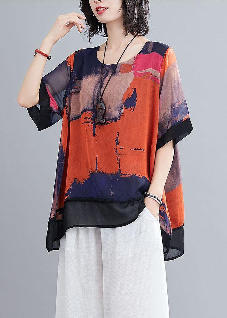 Orange Print Chiffon Half Sleeve Summer Two Piece Outfit