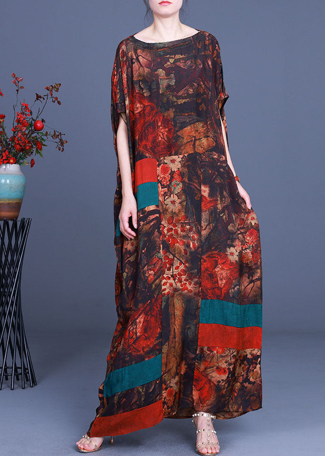 Orange Print Patchwork Asymmetrical Design Fall Maxi Dresses