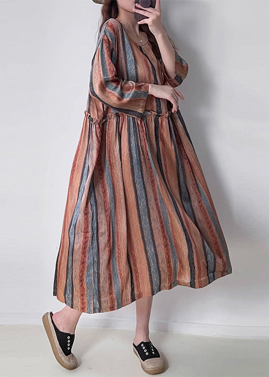 Orange Ruffled Striped Silk Holiday Dress Fall