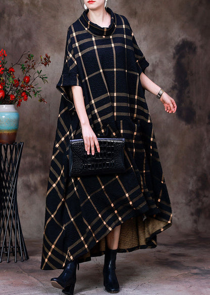 Orange Stand Collar Plaid Cotton Holiday Dress Short Sleeve