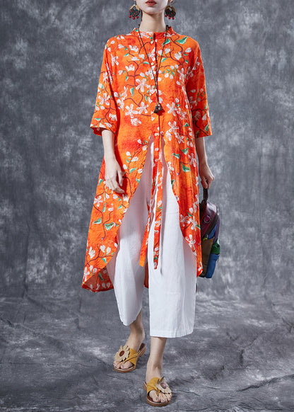 Orange Stand Collar Print Cotton Long Shirt Summer