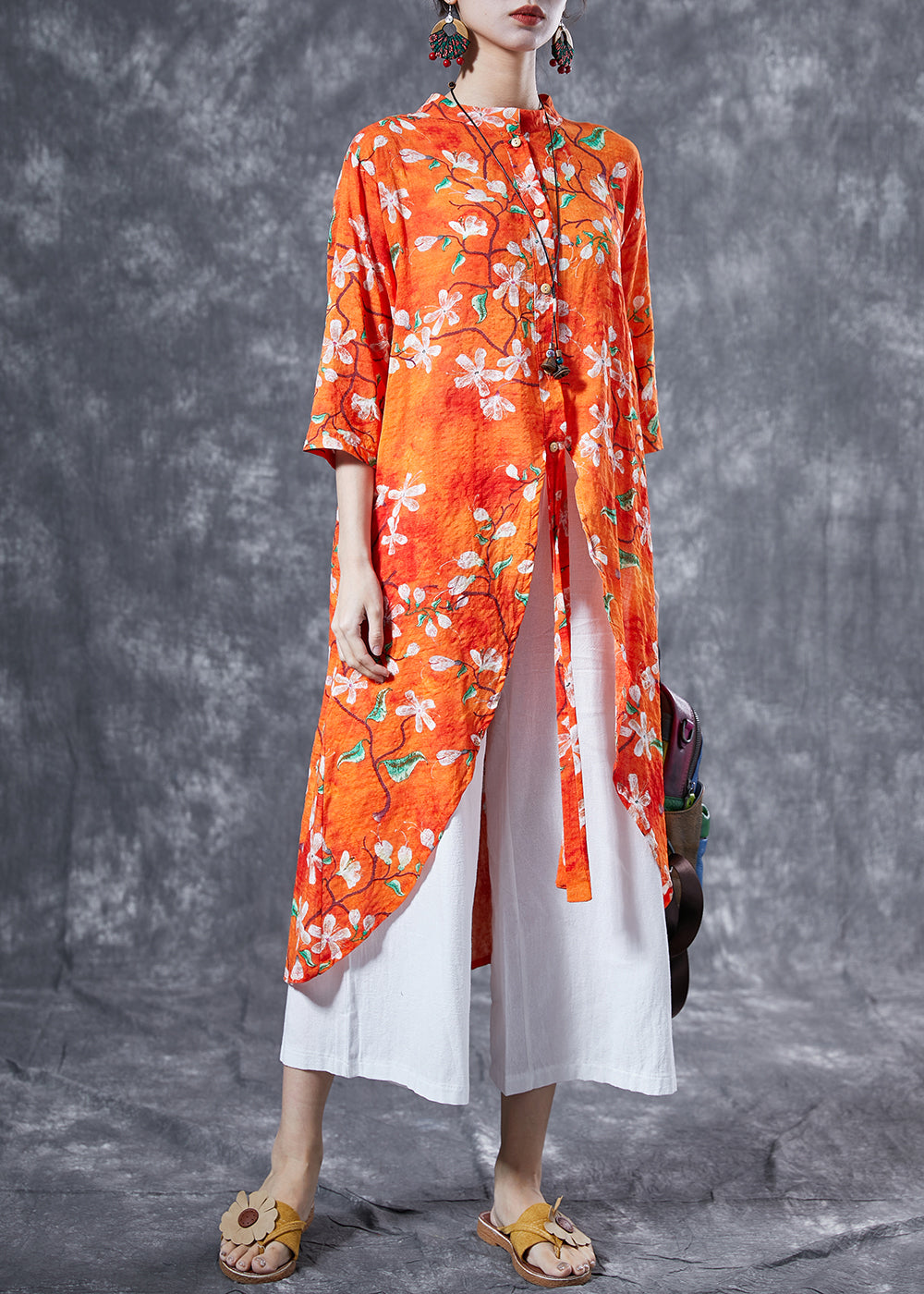 Orange Stand Collar Print Cotton Long Shirt Summer