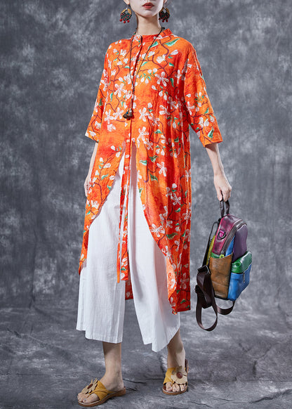 Orange Stand Collar Print Cotton Long Shirt Summer