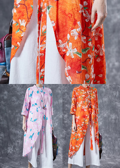 Orange Stand Collar Print Cotton Long Shirt Summer
