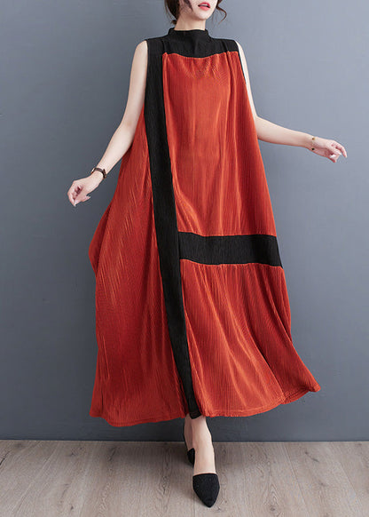 Orange Turtleneck Patchwork Wrinkled Maxi Dress Sleeveless