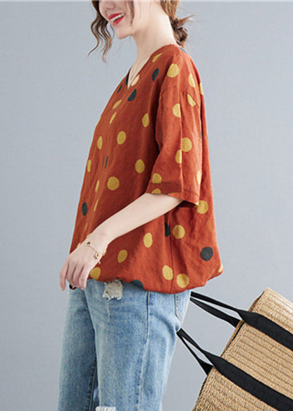 Orange V Neck Dot Drawstring Linen Tops Half Sleeve