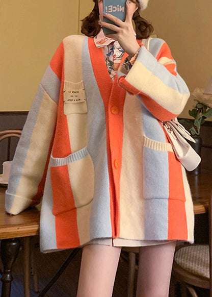 Orange V Neck Pockets Patchwork Knit Cardigans Spring