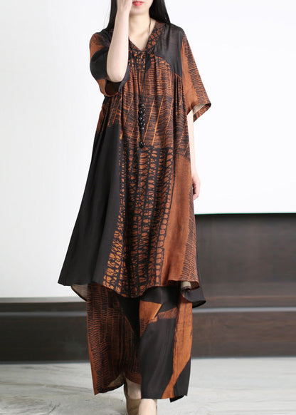 Orange V Neck Print Silk Long Top and Wide Leg Pants Two Pieces Set Summer