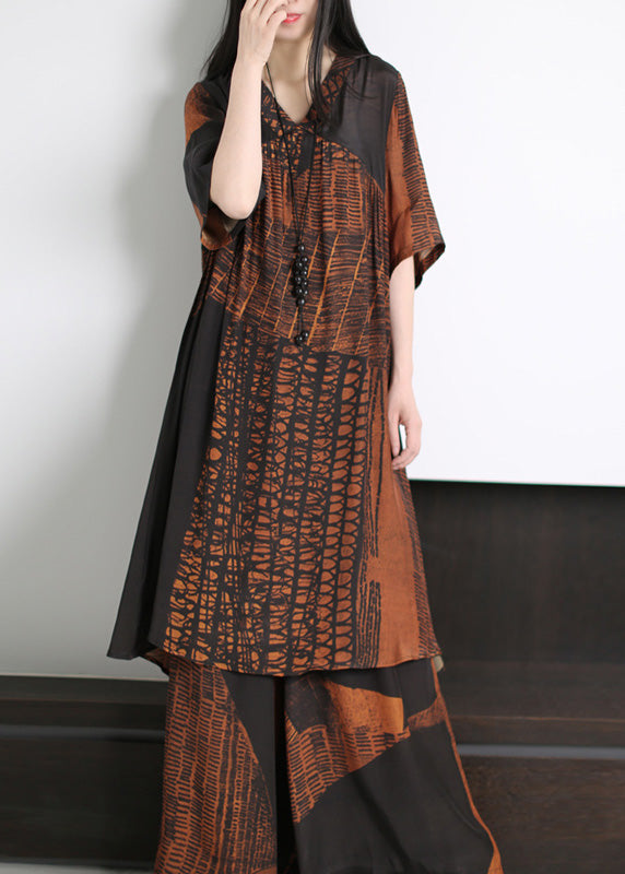 Orange V Neck Print Silk Long Top and Wide Leg Pants Two Pieces Set Summer