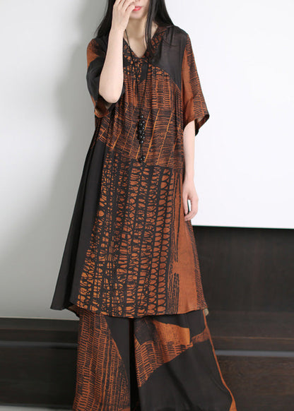 Orange V Neck Print Silk Long Top and Wide Leg Pants Two Pieces Set Summer