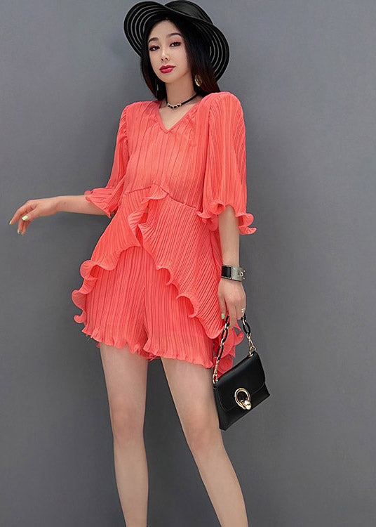 Orange V Neck Silk Top and Shorts Two Pieces Set Summer