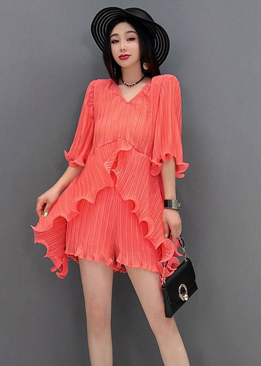 Orange V Neck Silk Top and Shorts Two Pieces Set Summer