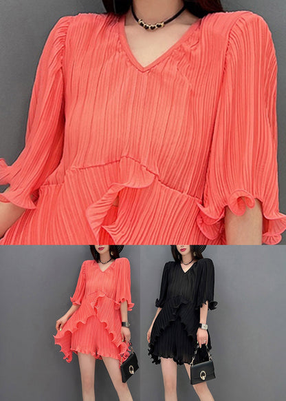 Orange V Neck Silk Top and Shorts Two Pieces Set Summer