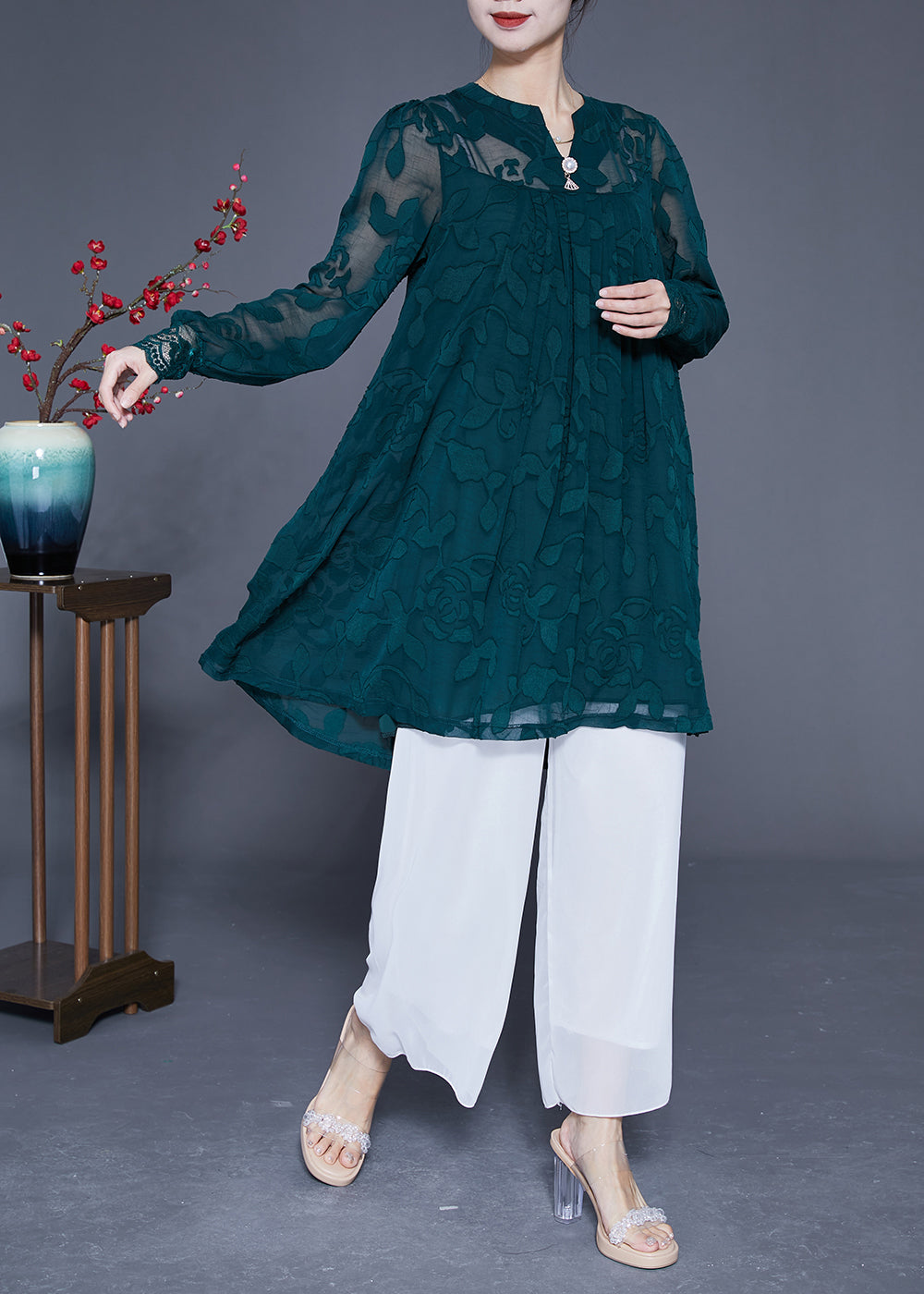 Peacock Green Jacquard Hollow Out Tulle Dress Long Sleeve