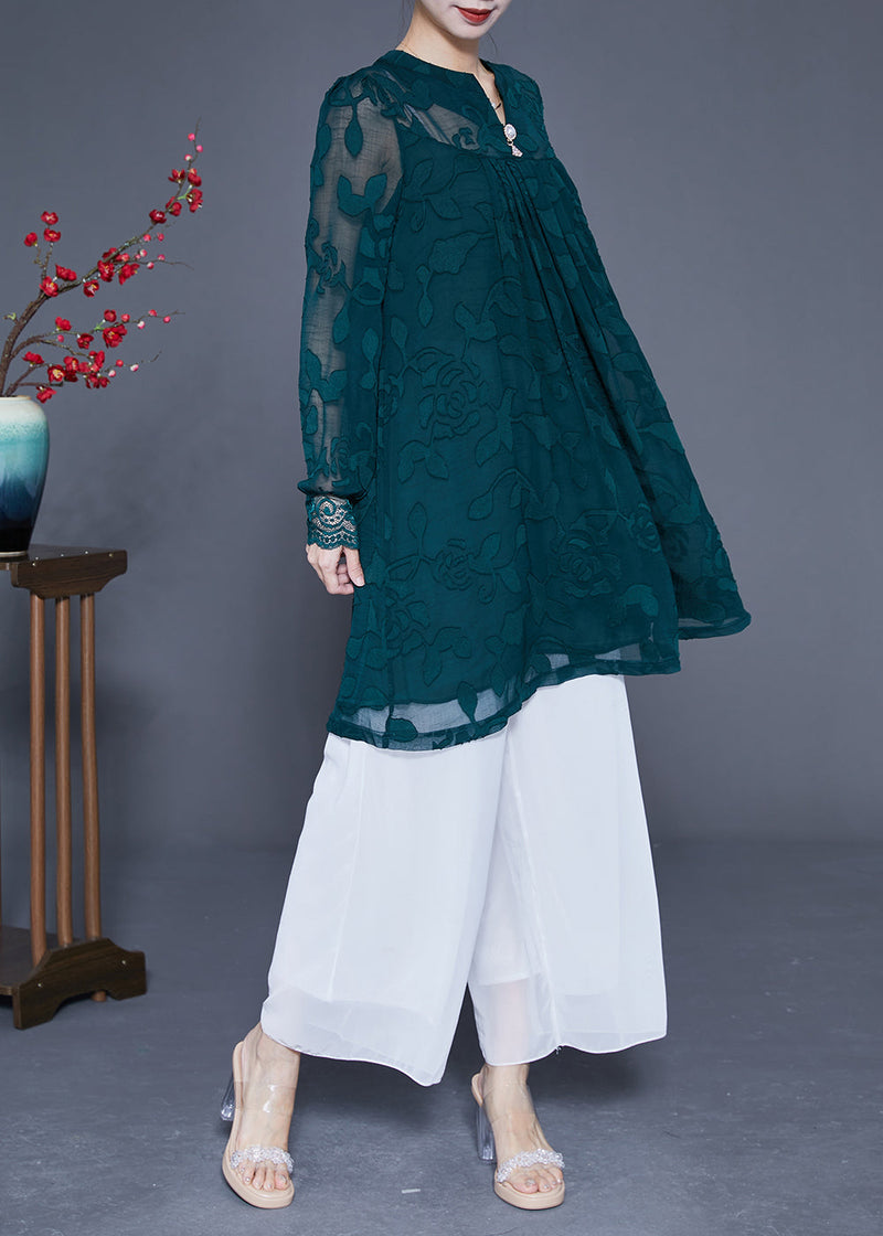 Peacock Green Jacquard Hollow Out Tulle Dress Long Sleeve