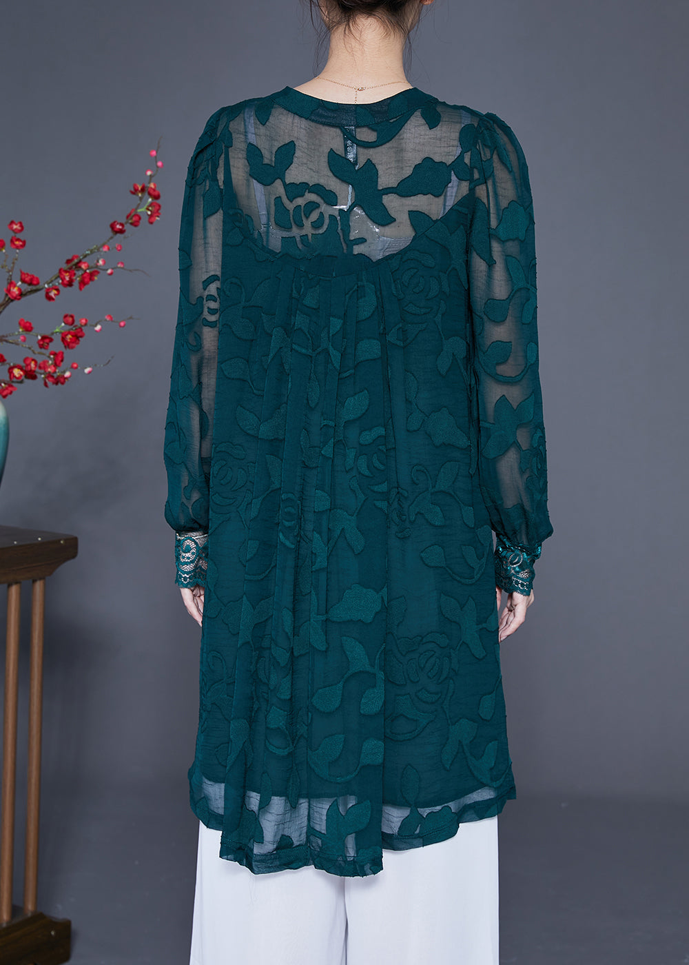 Peacock Green Jacquard Hollow Out Tulle Dress Long Sleeve