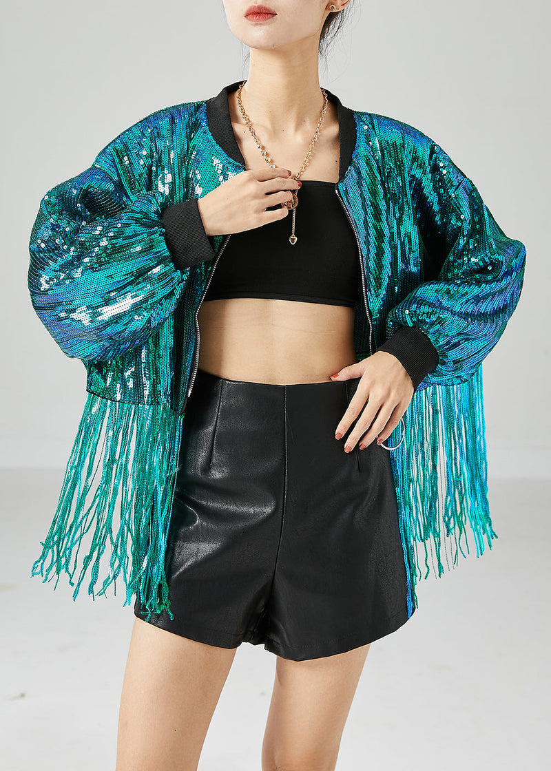 Peacock Green Tasseled Sequins Jackets Summer