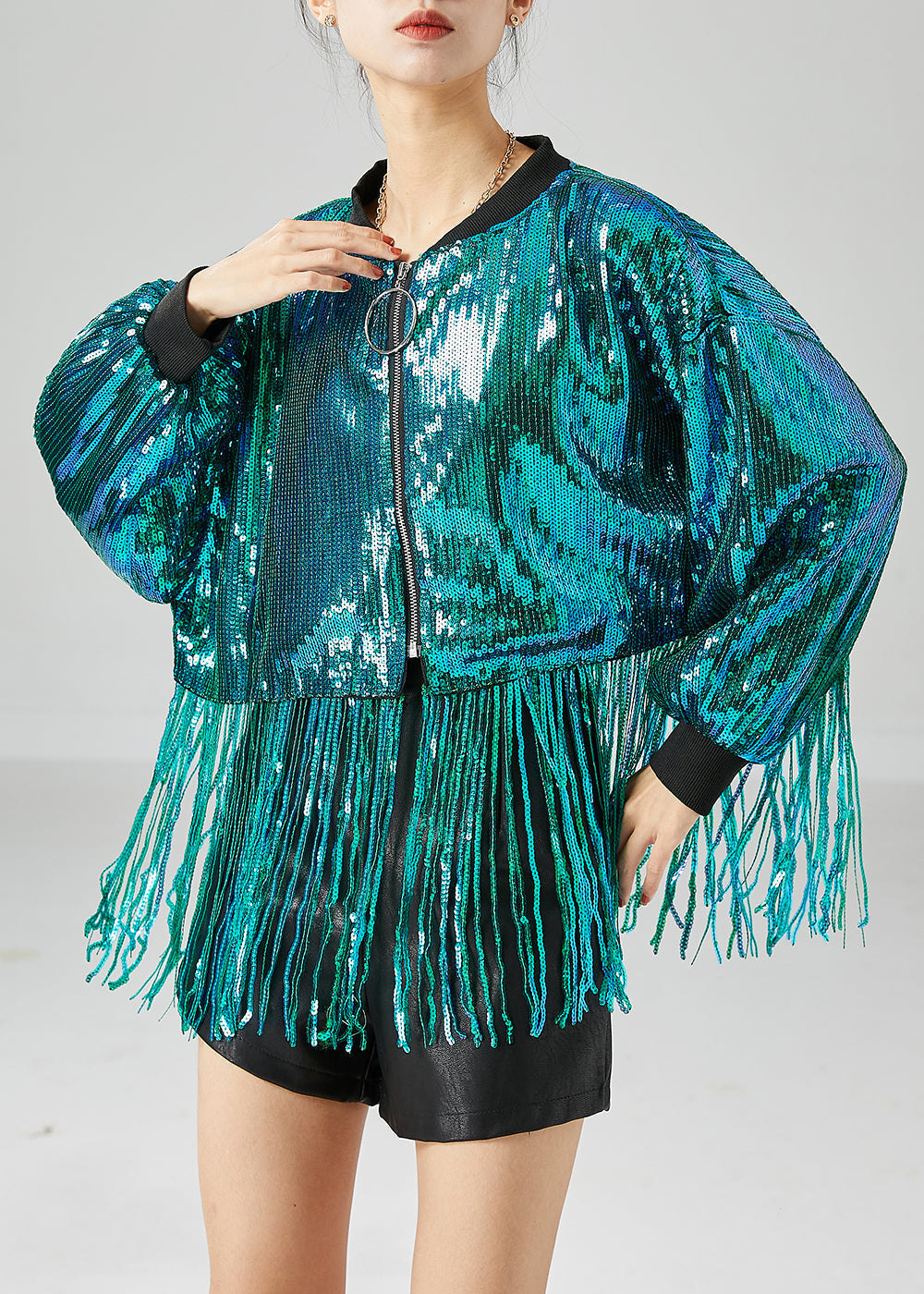 Peacock Green Tasseled Sequins Jackets Summer
