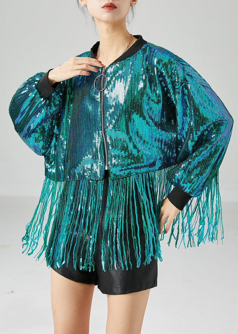 Peacock Green Tasseled Sequins Jackets Summer
