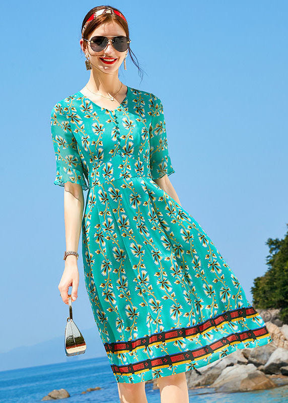 Peacock Green V Neck Print Elastic Waist Silk Dress Short Sleeve