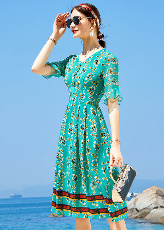 Peacock Green V Neck Print Elastic Waist Silk Dress Short Sleeve