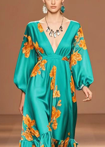 Peacock Green V Neck Print Silk Dresses Spring