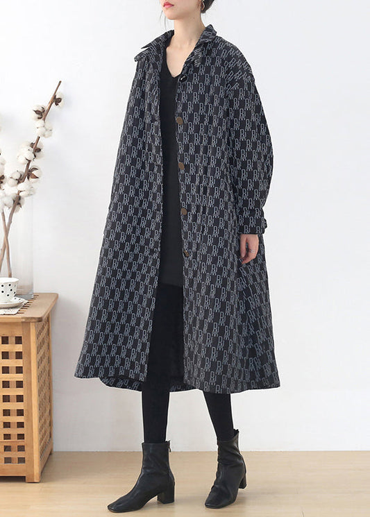 Peter Pan Collar Alphabet Print Button Pockets Cotton Parka Long Sleeve