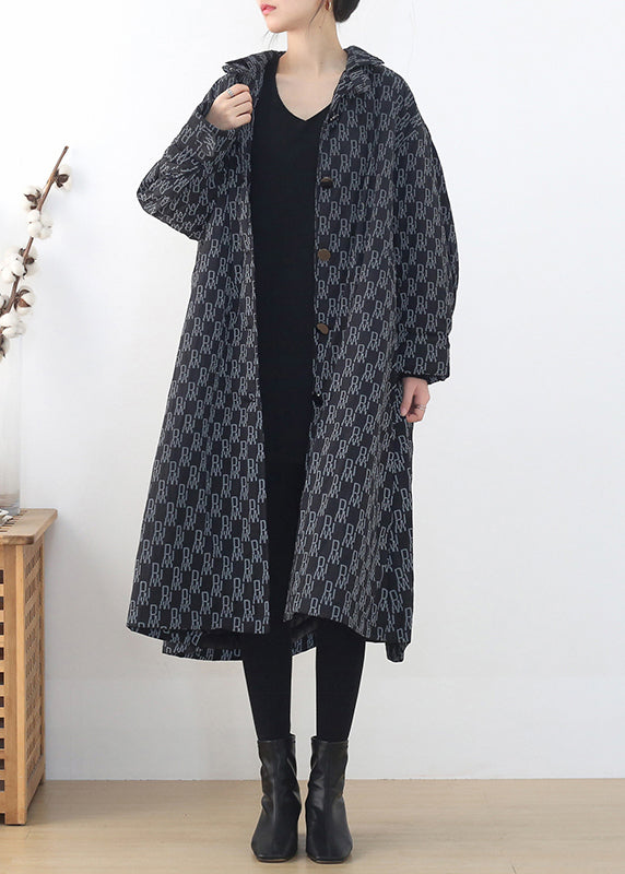 Peter Pan Collar Alphabet Print Button Pockets Cotton Parka Long Sleeve