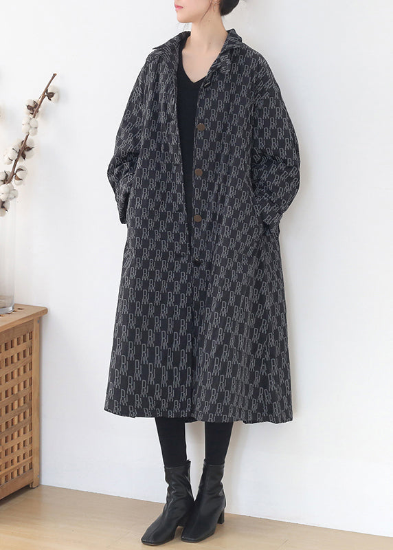 Peter Pan Collar Alphabet Print Button Pockets Cotton Parka Long Sleeve