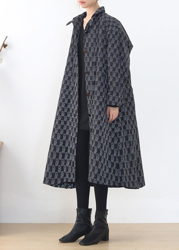 Peter Pan Collar Alphabet Print Button Pockets Cotton Parka Long Sleeve