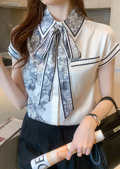 Peter Pan Collar Print Bow Silk Shirts Summer