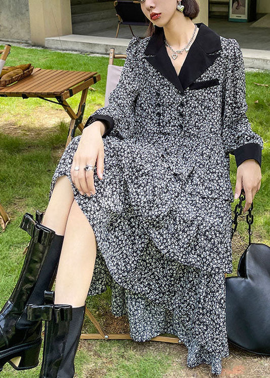 Peter Pan Collar Print Button Fall Party Dress Long Sleeve