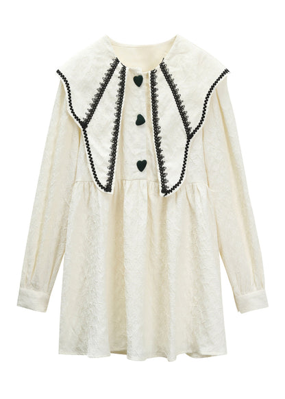 Peter Pan Collar Print Button Mid Dress Long Sleeve