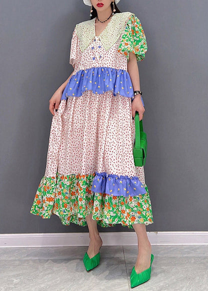 Peter Pan Collar Print Button Ruffles Tie Waist Dresses Short Sleeve