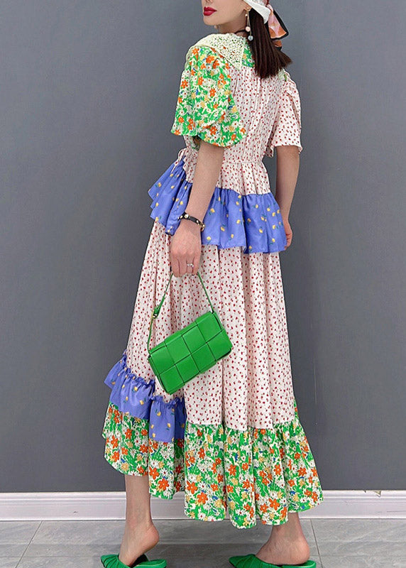 Peter Pan Collar Print Button Ruffles Tie Waist Dresses Short Sleeve