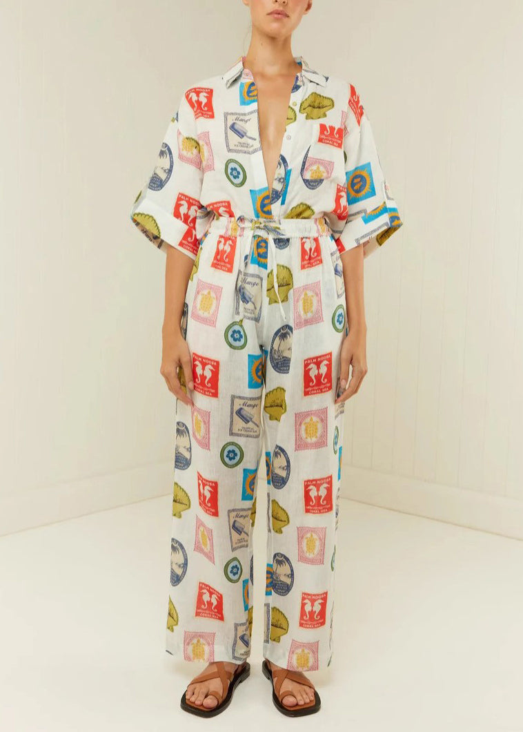 Peter Pan Collar Print Tops and Pants Two Piece Set Outfits Summer