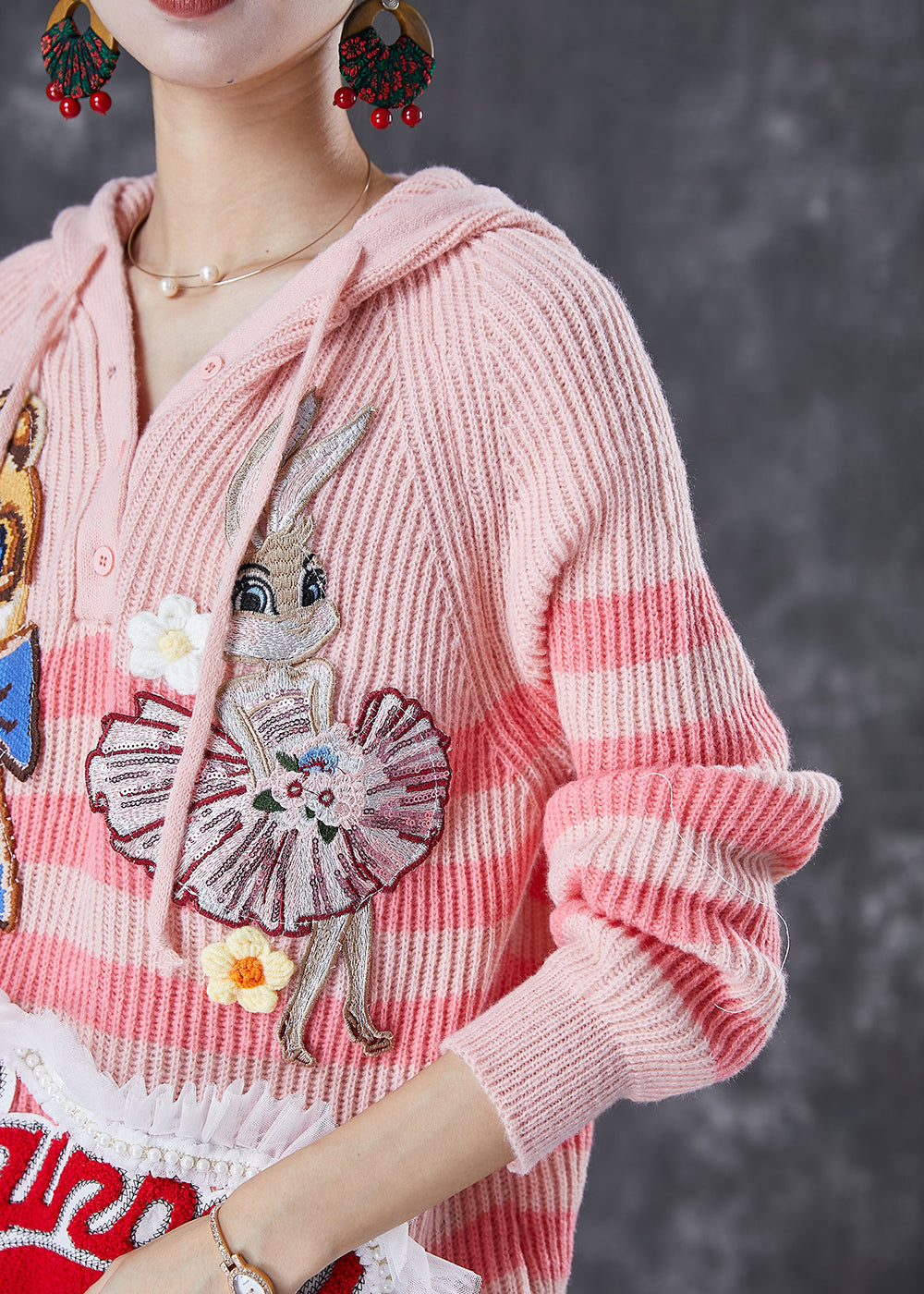 Pink Animal Embroidered Patchwork Knit Pullover Tops Fall